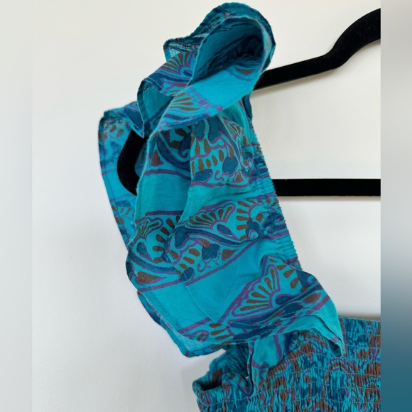 CLEOBELLA MARILYN ANKLE DRESS SQUARE SMOCKED NECKLINE ORGANIC COTTON IN BLUE - Picture 4 of 8